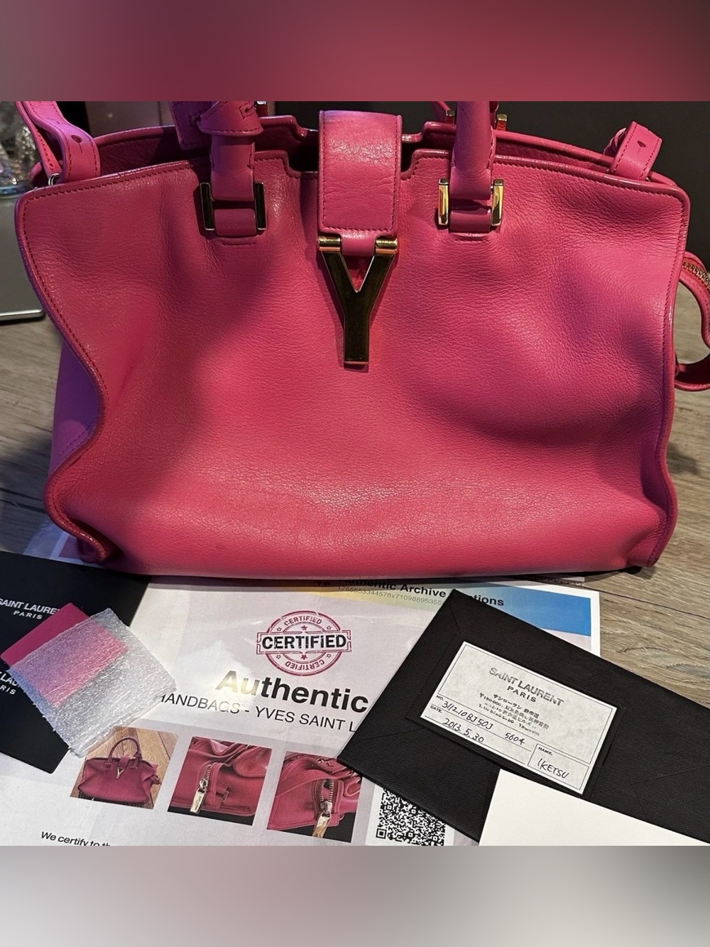 Authentic Saint Laurent YSL Cabas Pink Leather Satchel Shoulder Bag + COA